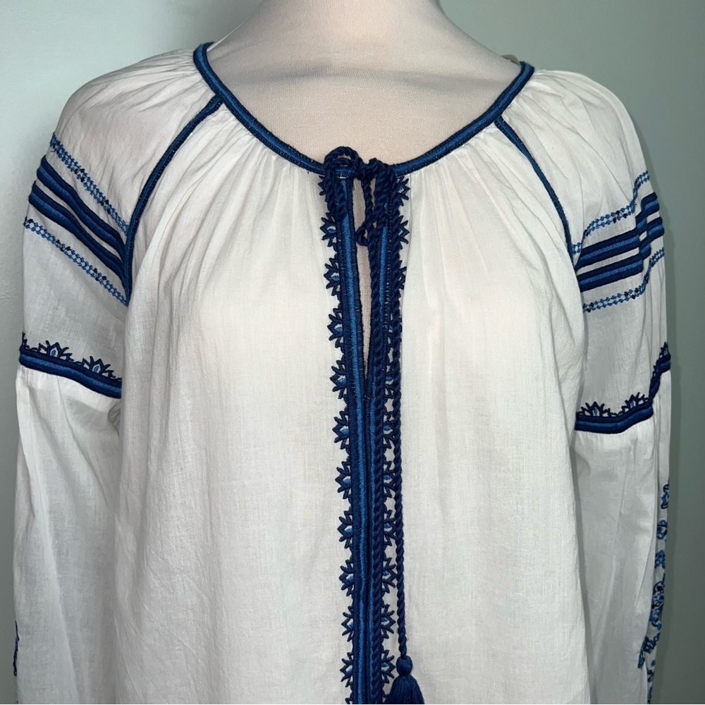 Blue Island White Blue Embroidered Cotton Swim Cover Tassel Boho Beach Tunic M - Picture 2 of 15